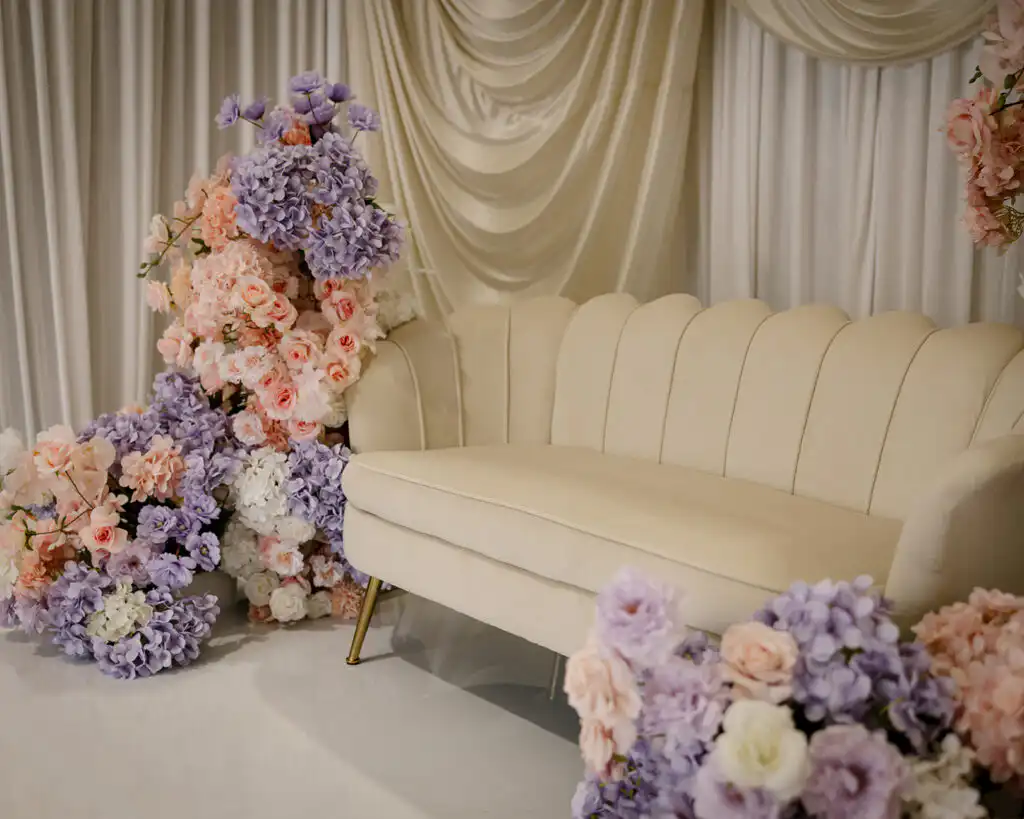 purple white orange sofa stage decor