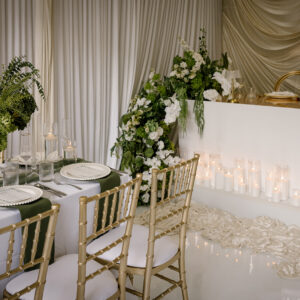 White & Green Flower Chair Decor with Candles & Stage Curtain